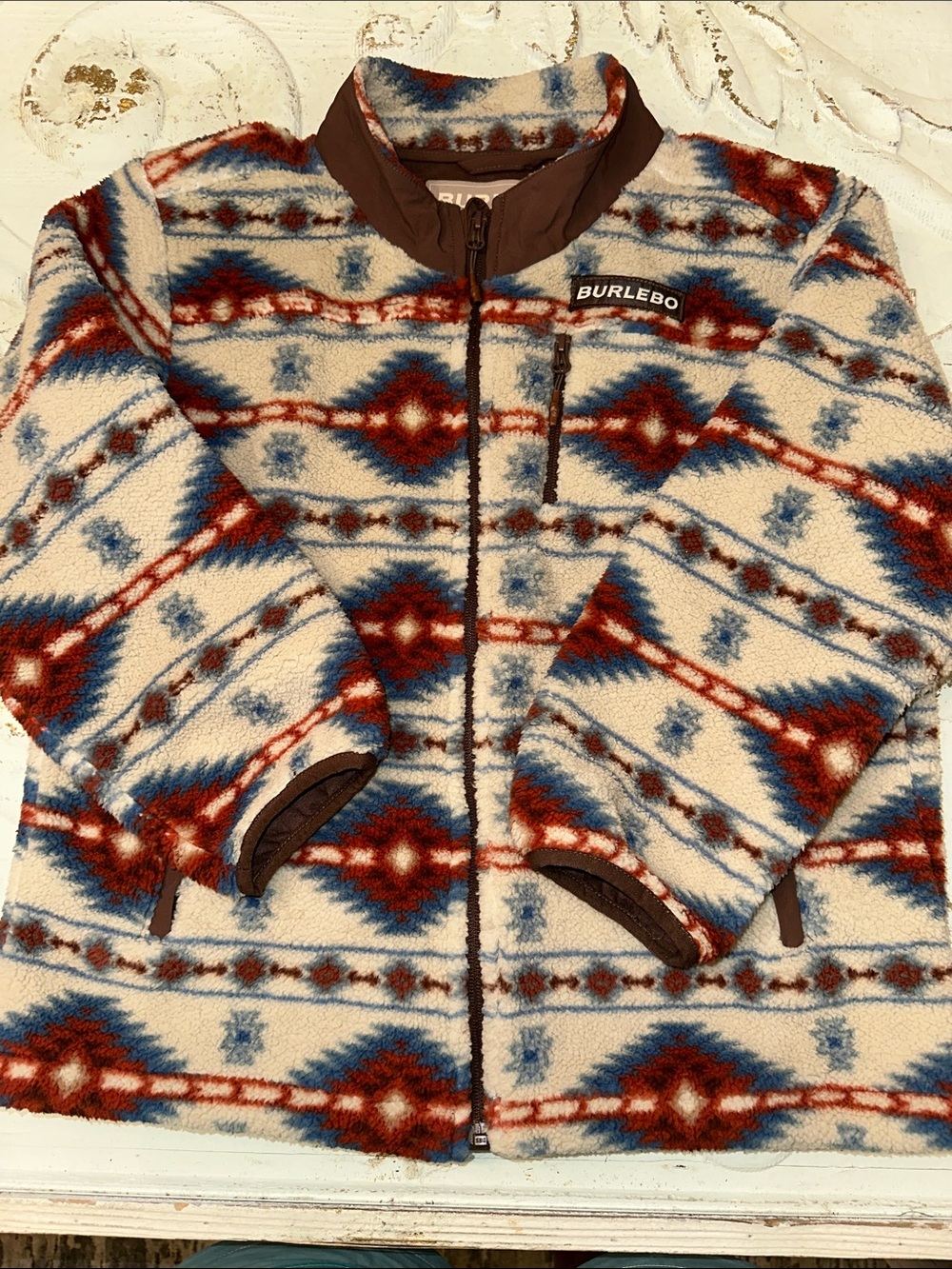 SOLD BURLEBO Cream Fleece Jacket with Rust and Blue Aztec Print- Boys XL